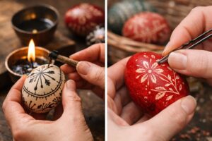 Manos decorando una pisanka tradicional con cera y grabado sobre huevos de Pascua polacos