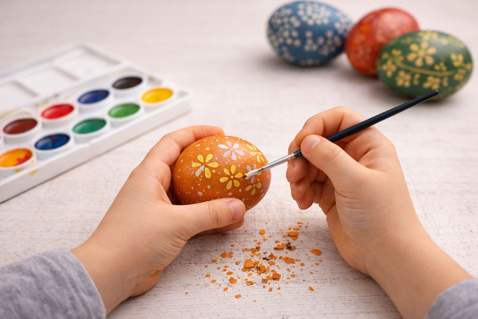 Manos decorando un huevo de Pascua polaco con flores pintadas a mano y acuarelas sobre una mesa clara