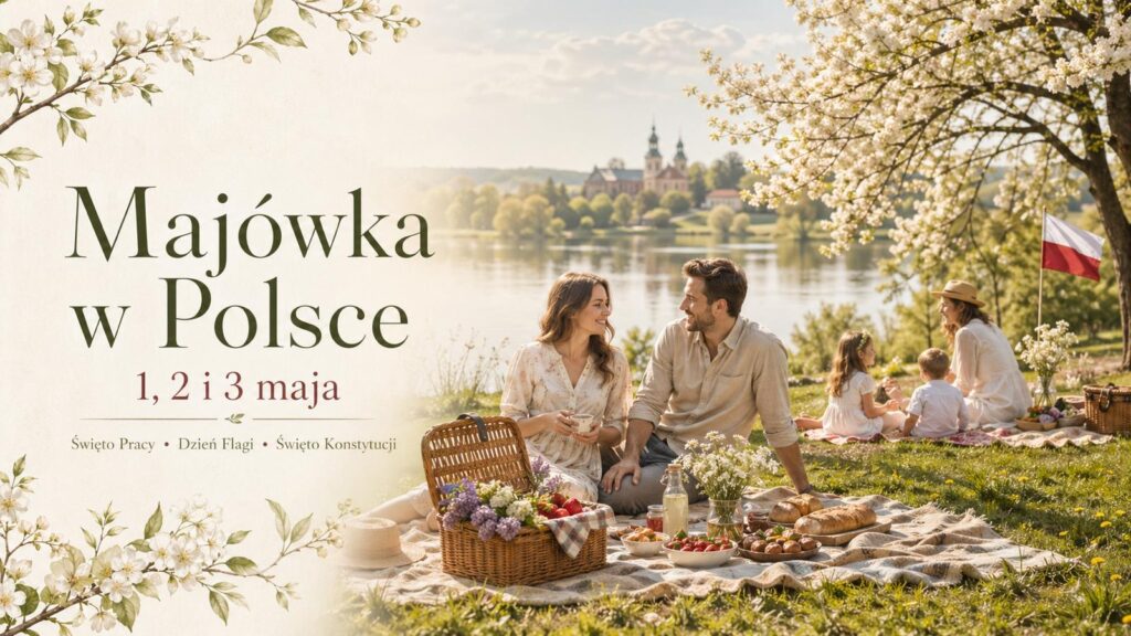 Ilustración del 3 de mayo en Polonia con banderas polacas, arquitectura histórica de Varsovia y ambiente patriótico del Día de la Constitución.
