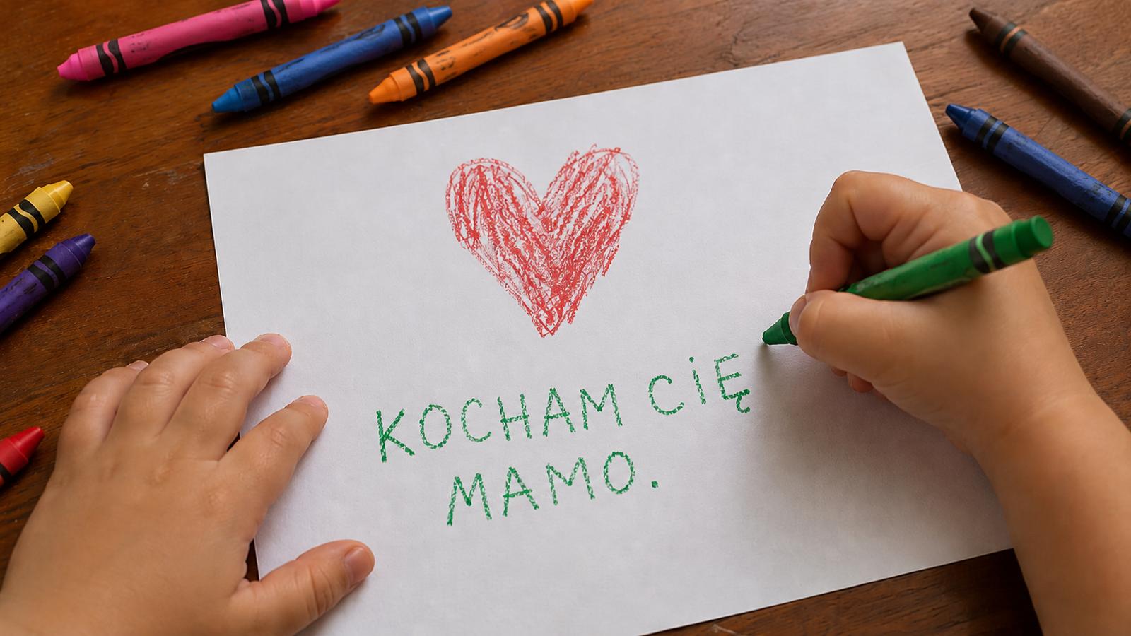 Manos de un niño escribiendo “Kocham cię mamo” con lápiz de cera verde para el Día de la Madre en Polonia