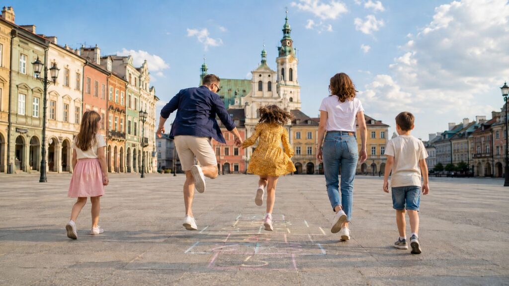 Niños y adultos jugando a la rayuela en una plaza, celebrando el Día del Niño en Polonia.