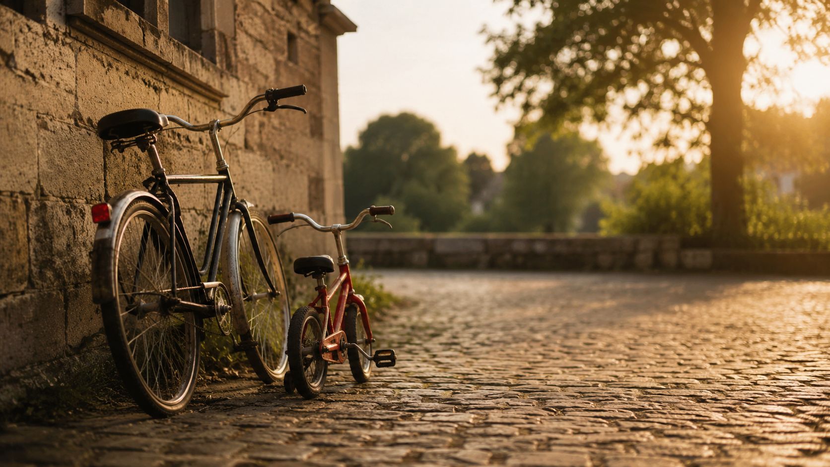 Bicicleta de adulto y bicicleta infantil apoyadas en una pared al atardecer, como imagen simbólica del Día del Padre en Polonia.